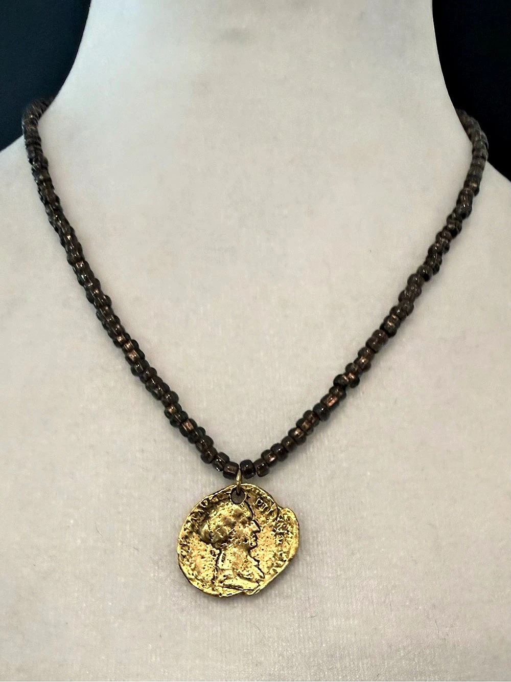 Gold Ancient Coin Pendant Necklace Brown Glass Beads Roman Greek Style